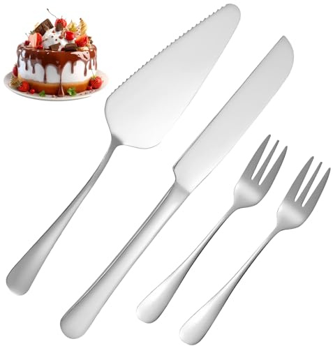 Cake Knife and Server Set, 4pcs Wedding Cake Knife and Server Set (Silvery) | Gold Cake Knife and Server Cake Cutting Gold Include Stainless Steel Cake Cutter for Wedding Christmas