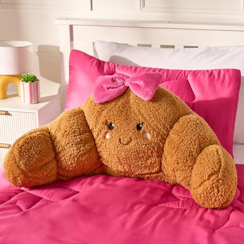 OHS Bow Croissant Cuddle Cushion, Reading Pillow for Bed Adult Super Soft Teddy Fleece Kids Cushions with Arms Back Support Snuggle Hug Pillow Relaxing At Home, Brown/Hot Pink - 45 x 40 x 30cm