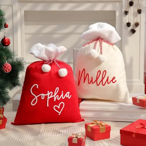 Individuell Gestalteter, Großer Samt-Weihnachtsmannsack, Personalisierter Weihnachtsgeschenksäck Mit Kordelzug, Geschenktüte Aus Gewebtem Baumwollseil Mit Namensaufdruck Für Kinder Und Familie
