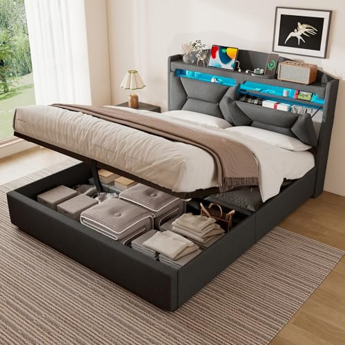 ZUUYEE Double Bed Frame 4ft6 with LED, USB C, Ottoman Bed Double with Lift Up Storage and Headboard, Beds, Frames and Bases with Slats and Metal Bedframe, Linen, Grey, 135x190 cm, Without Mattress