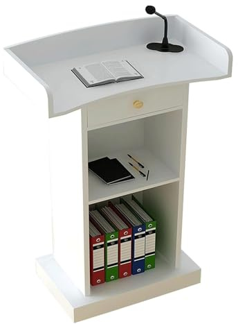 JIANSMZ Modern White Wooden Podium Stand Adjustable Speaking Lectern with Open Storage Floor Standing Lectern for Presentations Conferences and Events