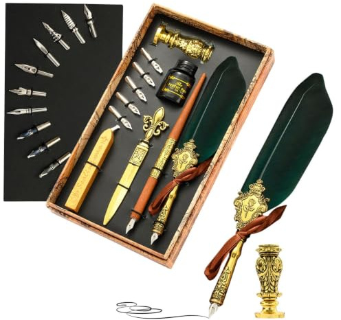 Vintage Quill Pen Set | Quill Pen Ink Set Kalligrafi | Fjäderpennaset | innehåller fjäderpenna, bläck, ersättningsspetsar, vaxtätningsstift