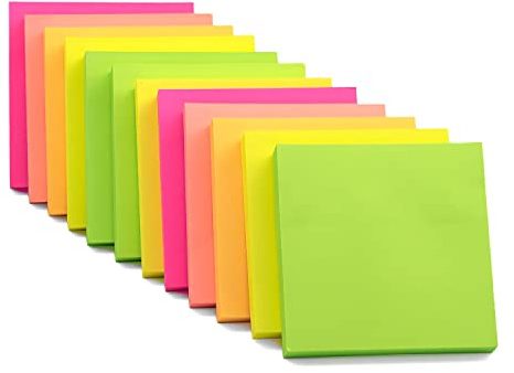Evergreen Goods Ltd 12 sticky notes in leuchtenden Farben 76x76mm (3 x3) Abnehmbare notizblock in Gelb, Rosa, Orange, Grün, Pfirsichfarben | 100 Blätter pro Haftnotiz block | Büro, Haus & Schule