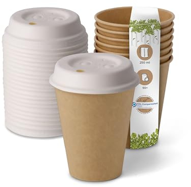 BIOZOYG Gobelets jetables biodégradables avec couvercle en carton I Gobelets en papier avec revêtement de peinture à base d'eau I 50 pièces café à emporter gobelets marrons non blanchi 250ml 10oz