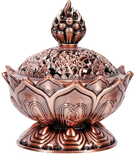 Mini Räuchergefäß Lotus Bronze Zink-Legierung, Räucher-Schale mit Deckel, Räucher-Gefäß für Kohle, auch für Räucher-Stäbchen oder Räucher-Kegel, für Heim und Büro Dekoration, S (Braun)