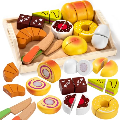 Giocattoli da Dolce, Accessori Cucina Legno Cibo per Bambini, Gioco da Taglio Alimentari Educativo di Ruolo con Pane, Ciambelle e Cioccolato, Giochi Montessori Regalo Bambino Bambina