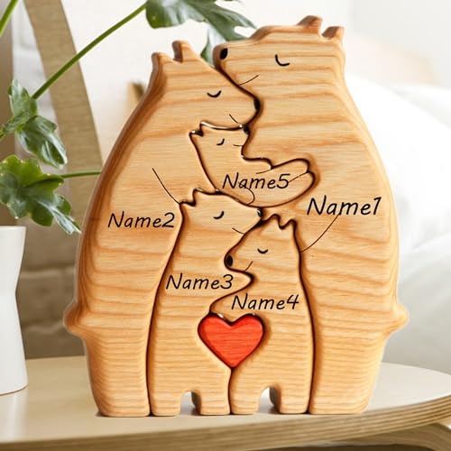 Winscoy Personalisierte Bärenfamilie aus Holz mit 2–6 Namen, individuelles Holzornament als Familienandenken, Tischdekoration, personalisiertes Geschenk für Mama, Papa, Hochzeit, Geburtstag