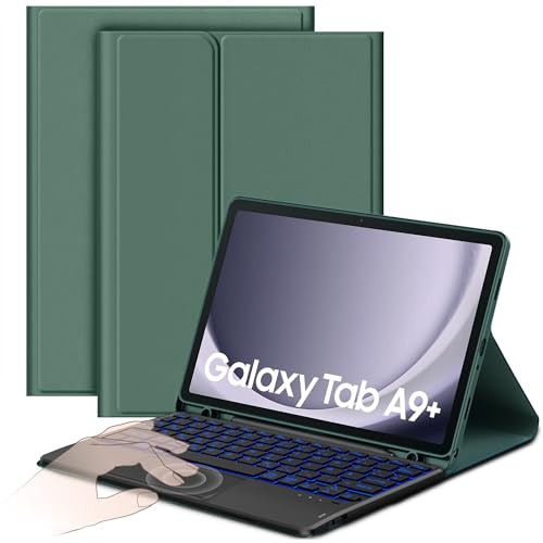CACOE Hülle Tastatur Kompatibel mit Samsung Galaxy Tab А9+ 2023 11 Zoll mit Touchpad, 7-Farbige Beleuchtung Abnehmbare Kabellose Tastatur für Samsung Galaxy Tab А9+, Dunkles Nachtgrün