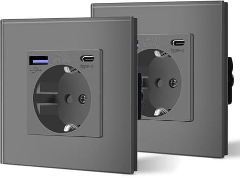 BSEED Lot de 2 prises en verre avec USB C 20 W - Chargeur rapide - Prise murale 3 en 1 - Installation facile - 240 V 16 A - 86 mm - 1 compartiment - Gris