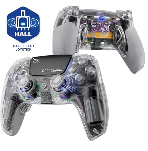 HEXGAMING PHANTOM Pro Controller with 4 Remappable Buttons, 6 Remapping Profiles, 8 Interchangeable Analog Stick, and Adjustable Triggers Compatible with ps5, PC, Mobile - Hall Effect Explorer Edition