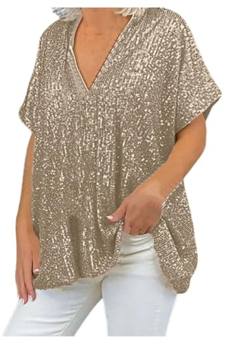 Hsternexy Glitzer Oberteile Damen V-Ausschnitt Pailletten Bluse Italienische Mode Damen Große Größen Glitzer Shirt Elegant Kurzarm Glitzerbluse Party Cocktail Top