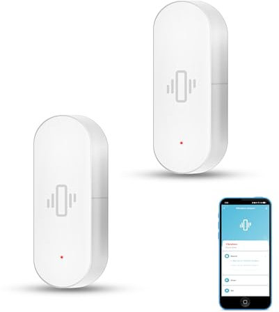 Sensore di vibrazione intelligente: rilevatore di rottura del vetro wireless, sensore di porta WiFi con allarmi app, sensibilità regolabile, sensore di sicurezza per sistema di allarme -2Pack