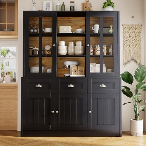 Lahoomu Hochschränke fürs Wohnzimmer(140×38.5×175cm), Vitrinenschrank, Küchenschrank, Esszimmerschrank mit Schubladen, Standvitrine für Küche, Schwarz