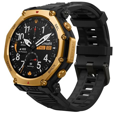 Amazfit T-Rex 3 Pro Outdoor Smart Watch 48mm Sapphire AMOLED Display with Flashlight, Ti Bezel, Dual Band GPS, Offline Maps, 25 Days Battery, 10 ATM, 180+ Sports Mode for Android & iPhone, Black Gold