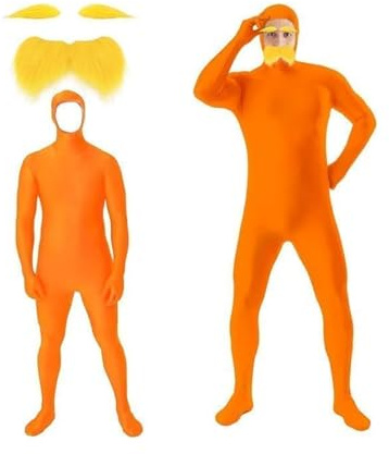 Disfraz de Carnaval para Hombre Adulto, Traje Enterizo con Bigote y Cejas Naranjas, Atuendo Divertido de Cuerpo Completo para Fiestas y Eventos temático Lorax
