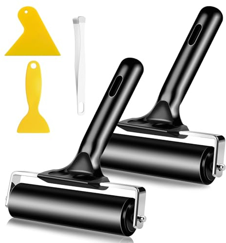CZMTBO 2 rodillos de goma, 10 cm, rodillo de goma dura, rodillo de presión con 2 rascadores y pinzas, rodillo de goma negro para impresión de linol, estampación, papel pintado y artesanía