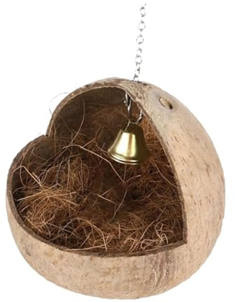 Allayu Trädgårdsfågelholk med kokosskal, små djur som njuter av utomhusboupplevelser, kokosnötsfågelboet är tillverkat av naturliga snäckor, fågelbo fåglar, fiber, med kokosstrimla, 13x13 cm