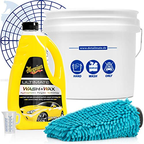 detailmate Hand-WASH-ONLY-Set: GritGuard Wascheimer 3,5 GAL + Grit Guard Schmutzeinsatz + Meguiar´s Ultimate Wash & Wax 1,42L Chenille Waschhandschuh + Messbecher 50ml