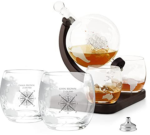 Maverton Globe Whiskey Decanter Set with 4 Glasses, Compass | 850 Ml Carafe with Ship Inside, You can Personalise Tumblers for Gift for Couple