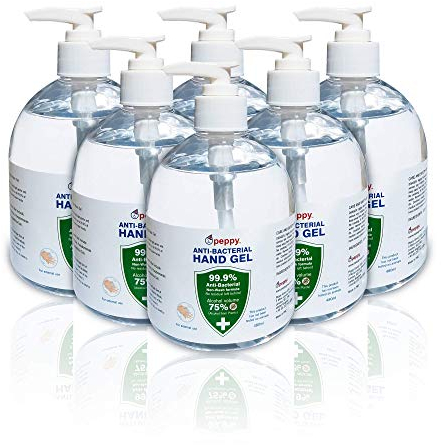 6 x 480ml Hand Sanitiser Gel by PeppyPure - Made With 75% Plant-Based Alcohol - Kills 99.9% of Bacteria - EU Compliant