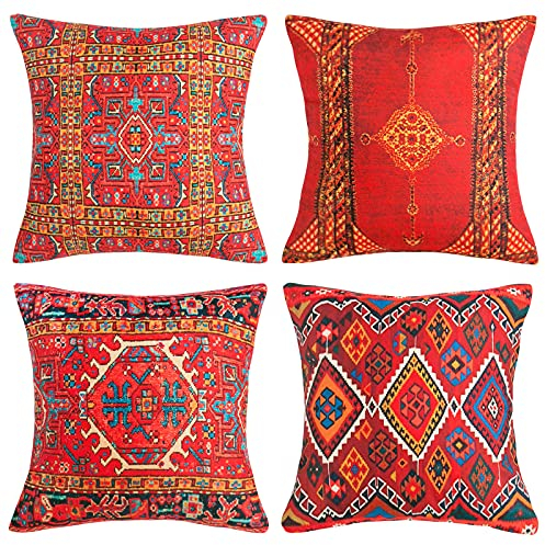 DakTou Confezione di 4 Cuscini Divano Tribali Orientali Decorativi in Cotone e Lino federe 40x40 cm Stampa Motivo Tappeto Turco Boho Fodera per Cuscino per Cuscino Divano Sedia Red