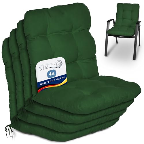 Beautissu 4er Set Niedriglehner Auflagen Stuhlauflage Stuhlkissen | 100x50x8cm Dunkelgrün Sitzkissen Niederlehner Sitzauflagen Gartenstühle Auflage Gartenstuhl Polster Flair NL