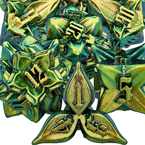 ARUOHHA DND-metalltärningsset (D20, D12, D10, D8, D6), polyedertärningar i ask, 7-delars set för Dungeons & Dragons och andra rollspel, gul och grön lövdesign