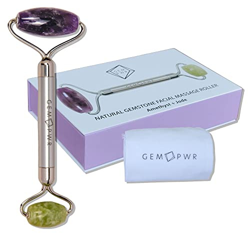 GEM PWR Amethyst + Jade Roller for Face and Neck Massage, Dual Gemstones with Durable Steel Handle and Travel Bag. Minimize Wrinkles, Reduce Puffiness and Restore Skin's Elasticity and Radiance