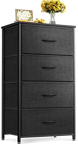 ODK Dresser for Bedroom with 4 Storage Drawers, Small Dresser Chest of Fabric Drawers with Sturdy Steel Frame for Small Space, Wood Top, Black