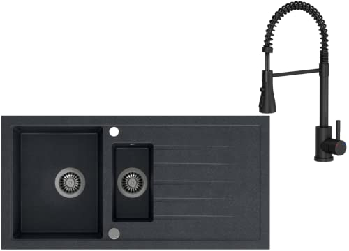 VBChome Spülbecken mit Armatur 100 x 50 cm Einzelbecken Schwarz Granit Rechteckig Reversibel Einbauspüle Gesprenkelt Großes Tiefes Becken Siphon Armatur