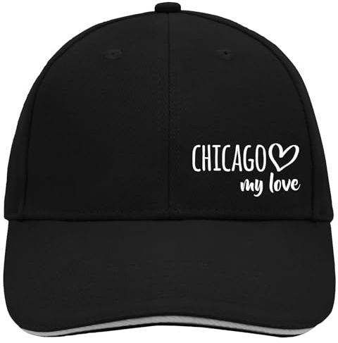 Huuraa Cappy Mütze Chicago My Love Geschenk | Baseballkappe Black/Light Grey Basecap Baumwolle 6-Panel Schwarze Kappe Geschenkidee Unisex Baseball Cap