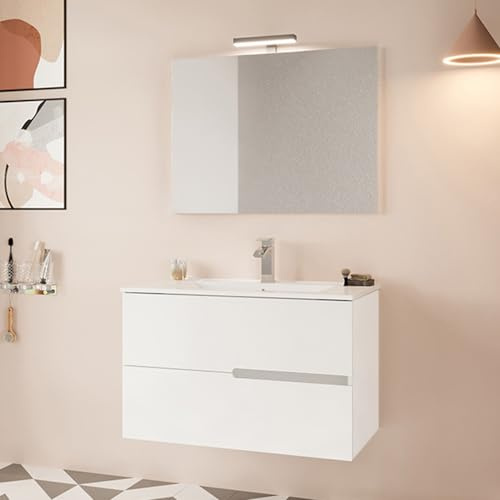 Mobile Bagno sospeso 80 cm Bianco Lucido in Legno con 2 cassetti Soft-Close, lavabo in Ceramica e Specchio Reversibile 80x60 LED, Eva