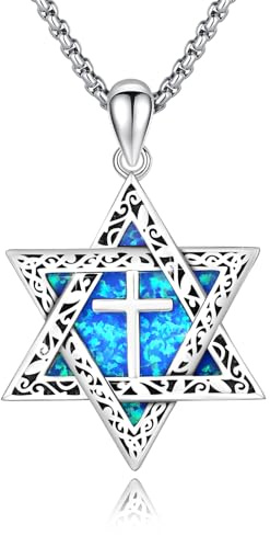 ABIGY Davidstjärna kedja, 925 sterlingsilver Davidsstjärna kedja med kors opal berlock chai-halsband hexagram davidsstjärna kedja judisk amulett smycken presenter för män kvinnor, Sterlingsilver