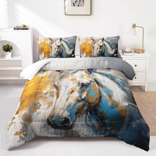Nttopship Horse Canvas Comforter Set Queen Size,100% Soft Ultra-fine Fiber Four Season White Horse Comforter Set with 1 Comforter and 2 Pillow Case