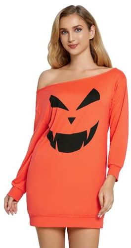 Glimnerize Halloween Damen Kürbis Druck Röcke Shirt 3/4 Arm Schulterfrei Langarmshirt Oberteil Schulterfreies Orange Smiley L