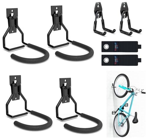 3-H Cuelga Bicis Pared 8 Piezas, Colgador Bicicleta 45KG Carga, Soporte Bicicletas Pared Vertical con Soporte Extra Apartamento, Garaje con Gancho Pared y Correa para Fijar