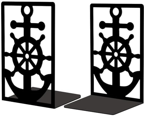 Peacoblue Metal Book Ends Stopper Holder Stand for Shelves Decorative, 13.5x11x20cm Modern Creative Heavy Duty Study Bookends Stoppers Holder Stand for Desk Shelf, 1 Pair (Anchor and Rudder)