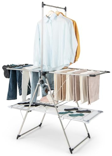 COSTWAY Étendoir Linge Intérieur, Sechoir à Linge Pliable en Acier Inox, Cintre Haut 182 cm, Grand Filet de Séchage, Tancarville Linge Solide Réglable 70-140 cm, Cintre Chaussures, Pince de Chaussette