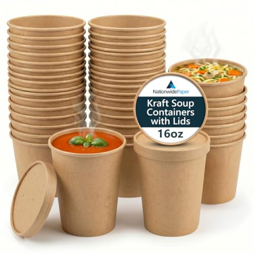 Nationwide Paper 16oz Brown Kraft Disposable Soup Containers with Lids 50 Pcs of Paper Soup Bowls Takeaway Tubs Perfect for Ice Cream and Deli Containers (475ml)