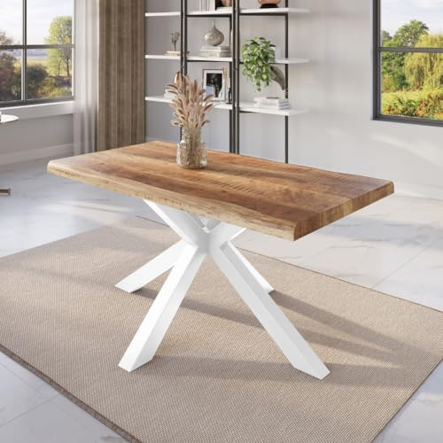 trelevo Esszimmertisch 140x80 cm Mango massiv Spider-Gestell Baumkante | Mangoholz, Tischplatte Natur/rau, weiß, Baumkantentisch