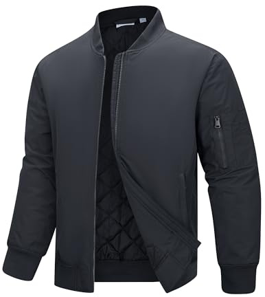 33,000ft Chaqueta bomber para hombre, impermeable, cortavientos, chaqueta de entretiempo, chaqueta ligera para otoño e invierno, chaqueta con 4 bolsillos, gris oscuro, L