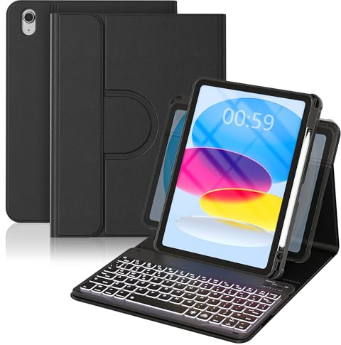 YBING for iPad A16 Case with Keyboard 11th &10th Generation, 360 Rotation Magnetic Cover with 7-Color Wireless Backlit Detachable Keypad with Pencil Holder for iPad 11th 2025/10 Gen 10.9 2022 (Black)