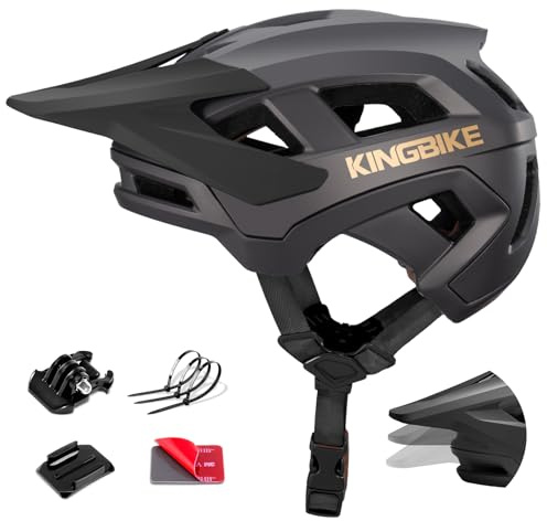 KINGBIKE Mountainbike-Helm für Erwachsene Herren Professioneller MTB-Helm Damen mit Action-Kamera-Halterung & 3-Stufen-Visier, NTA-8776 E-Bike-Zertifiziert (Dunkelgrau Gold, M)