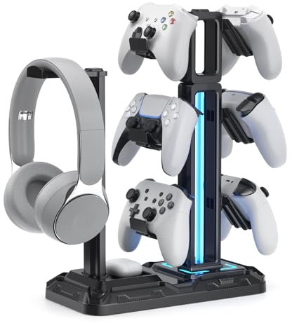 KDD Support de Casque avec 9 Modes d'Eclairage - Porte Casque Gamer Universel Rotatif - Support de Manette avec 6 Crochets Détachables pour Accessoires Bureau Gaming PC