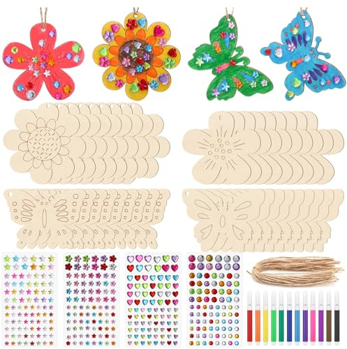 Kaisibum 52 Stück Bastelsets für Kinder,Schmetterling Basteln Kinder | Kindergeburtstag,Holz Schmetterling Blume Bastelset mit Aquarellstift & Edelsteinaufkleber für Holzanhänger zum Bemalen