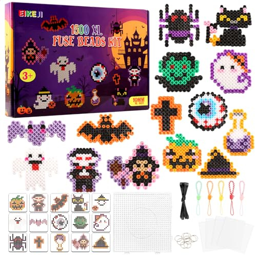 EIKEJI Grande set di perline da stirare per Halloween, 10 mm, 1500 perline XL con piastre, 21 colori maxi perline da stirare, 15 motivi e carta da stiro, XL perline creative, per bambini dai 3 anni in