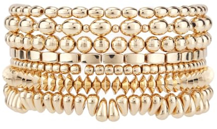 Mikovivi 7stk Goldene Perlen Armbänder für Frauen, Schön Elastisch Perlenarmband Set mit Niedlichen Rosa Box Trendig Gold Handgelenk Schmuck für Geburtstag Feiern