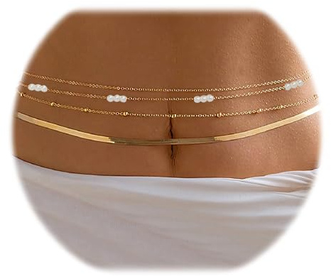 Glamifyr 4 Stück Bauchkette Gold Damen,Layered Taillen Kette,Bauchkette Perlen,Boho Body Chain,Bikini Taillenkette Taillenschmuck,Geschichtete Bauchkette,Verstellbare,Sommer Strand Schmuck für Damen
