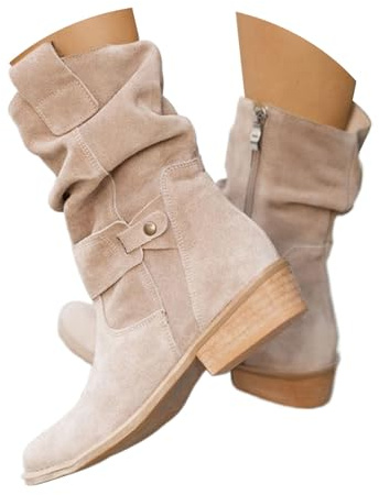 Generisch Damen Stiefeletten Cowboy Boots Winter Neuheiten: Modische, vielseitige Damenstiefeletten aus Wildleder mit flachem Absatz und eckiger Spitze, Ankle Boots