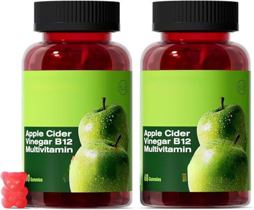 Vinegar de cidre de pomme Gummy B12 Vitamine, non-OGM, soutient les niveaux d'énergie normaux et la santé intestinale,2pcs